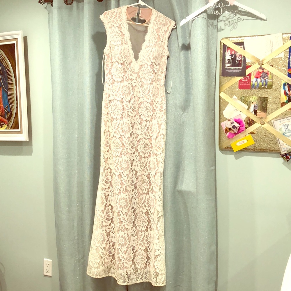 Betsy Adam White Lace Gown